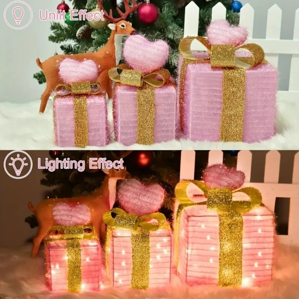 Pink Light-Up Gift Box Set – Heart Topper & Gold Ribbon Valentines Decor